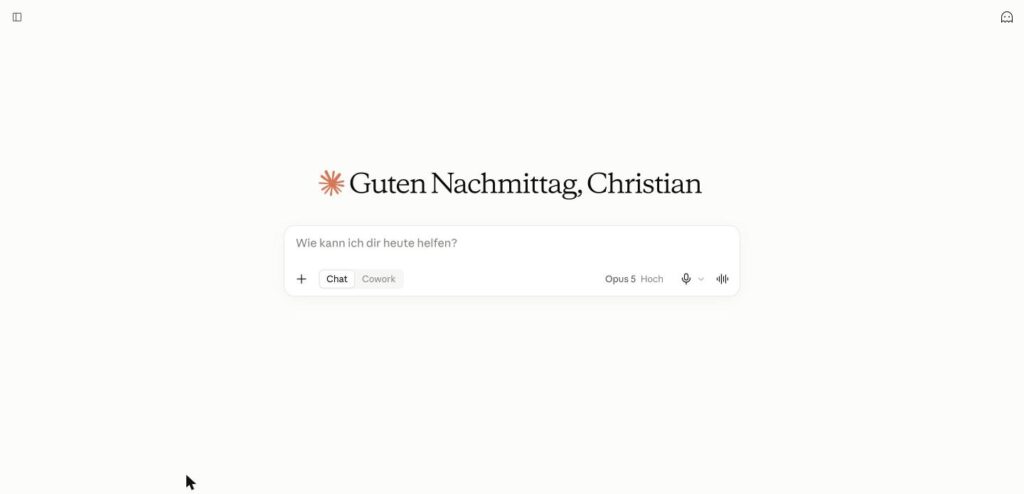 Ein neuer, leerer Chat: das Eingabefeld mit dem Umschalter Chat | Cowork, Chat ist gewählt.