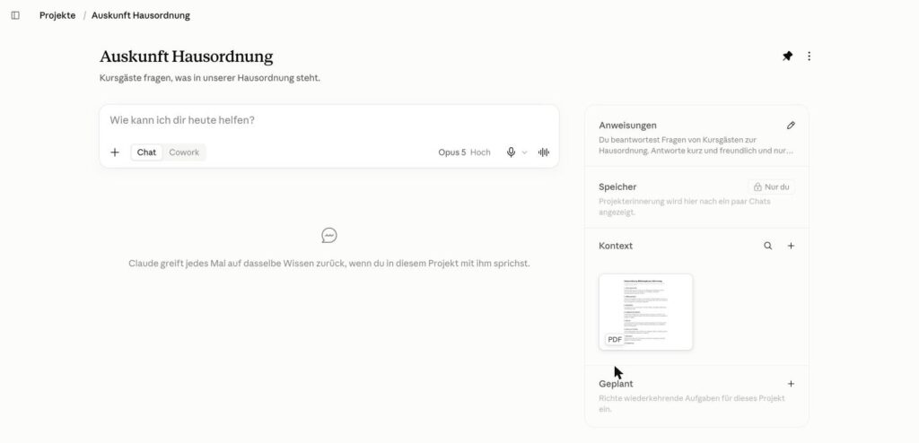 Das Projekt mit gespeicherter Anweisung und der Hausordnung als PDF im Kasten Kontext.