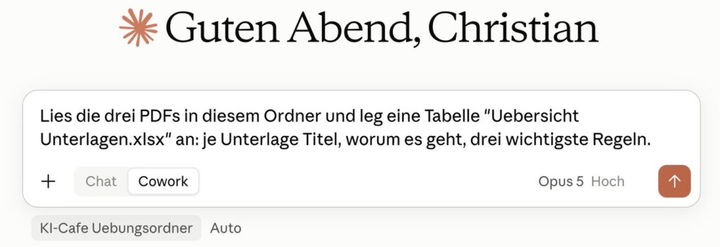 Der Auftrag für die Übersicht steht im Eingabefeld, darunter der gewählte Übungsordner und Auto.