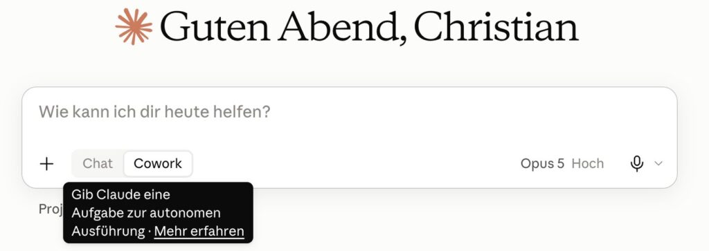 Im Eingabefeld ist Cowork gewählt, darunter der Hinweis „Gib Claude eine Aufgabe zur autonomen Ausführung“.