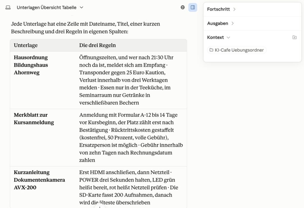 Die fertige Übersicht im Chat: je Unterlage eine Zeile mit den drei Regeln, die Claude ausgewählt hat.