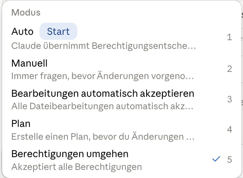 Das Menü Modus mit fünf Einträgen; im Bild ist Berechtigungen umgehen gewählt, im Kurs wählst du Manuell.