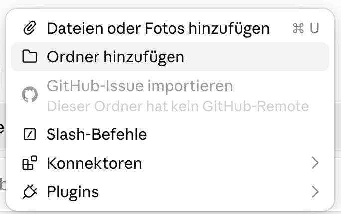 Das Plus-Menü im Code-Tab mit Ordner hinzufügen, darunter unter anderem Slash-Befehle, Konnektoren und Plugins.