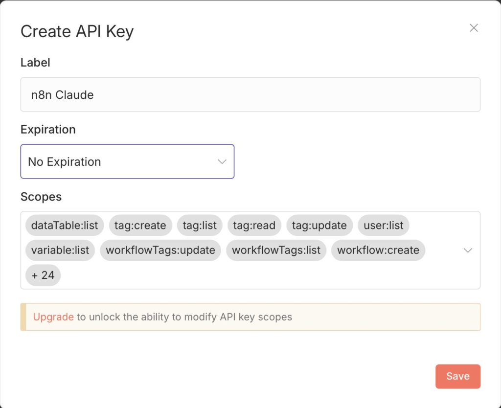 Der Dialog Create API Key mit Label, Expiration auf No Expiration und allen Scopes; im Kurs wählst du eine kurze Laufzeit.